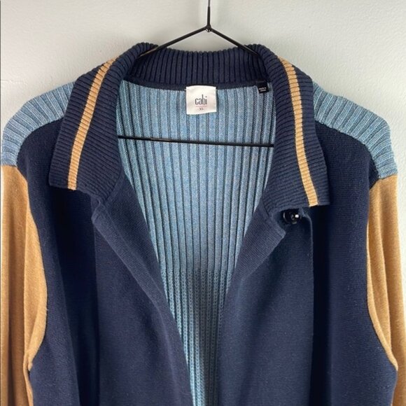 Cabi Colorblock Navy and Camel Ribbed Cardigan Size XL - Picture 2 of 8
